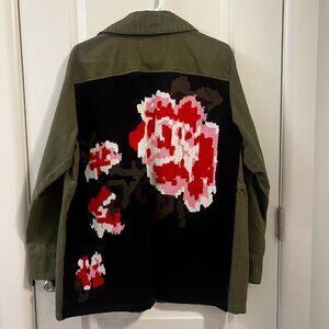 Anthropologie Floral Knit Back Army Jacket